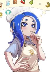  1girl apron blue_eyes blue_hair blue_shirt blush chef_hat cherry closed_mouth commentary_request eyelashes food fruit hand_on_own_hip hat highres long_hair looking_ahead mizututigi octoling octoling_girl octoling_player_character pear print_apron shirt simple_background smile solo splatoon_(series) spoken_food standing tentacle_hair thinking upper_body white_apron white_background 