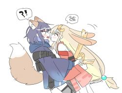  !? 2girls animal_ears bare_shoulders beads black_hair blonde_hair blue_hair blue_hoodie blush cho_kaguya-hime! commentary detached_sleeves eye_contact face-to-face forehead_jewel fox_ears fox_tail from_side green_eyes hair_beads hair_ornament hand_on_another's_cheek hand_on_another's_face highres hood hoodie kaguya_(cho_kaguya-hime!) long_hair long_sleeves looking_at_another lop_rabbit_ears multicolored_hair multiple_girls open_mouth orange_eyes pout profile rabbit_ears sakayori_iroha short_hair simple_background spoken_interrobang tail twitter_username two-tone_hair untranslatable_commentary very_long_hair wheloo3rd white_background yuri 