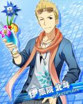  1boy blonde_hair blue_background blue_eyes bracelet card_(medium) character_name cup drinking_straw eyewear_on_head glasses hand_in_pocket holding holding_cup idolmaster idolmaster_side-m ijuuin_hokuto jacket jewelry male_focus official_art one_eye_closed open_clothes open_jacket scarf shirt smile solo sunglasses 