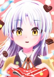  1girl angel_beats! blush box brown_ribbon candy chocolate collared_shirt commentary_request eyelashes eyes_visible_through_hair feathers fingernails food gift hands_up heart heart-shaped_box heart-shaped_chocolate heart-shaped_food heart_print holding holding_gift jacket long_hair looking_at_viewer neck_ribbon open_mouth parted_bangs pink_background pov ribbon roncally school_uniform shirt sidelocks simple_background smile solo straight-on straight_hair tachibana_kanade teeth upper_body upper_teeth_only valentine white_feathers white_hair white_shirt yellow_eyes yellow_jacket 