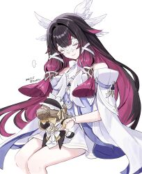  1girl absurdres black_hair bow bowtie character_doll closed_eyes closed_mouth columbina_(genshin_impact) commentary_request coppepan dated doll dress eye_mask genshin_impact hair_ornament highres holding holding_doll invisible_chair light_smile long_hair mask multicolored_hair purple_hair sandrone_(genshin_impact) simple_background sitting solo twitter_username very_long_hair white_background white_bow white_bowtie white_dress wing_hair_ornament 