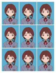  1girl blazer border bow bowtie brown_eyes brown_hair collared_shirt commentary english_commentary expressionless grey_jacket highres iwakura_lain jacket looking_at_viewer multiple_views parted_lips red_bow red_bowtie serial_experiments_lain shirt short_hair sidelocks smile straight-on unagi_(nakaelric) upper_body white_border white_shirt 