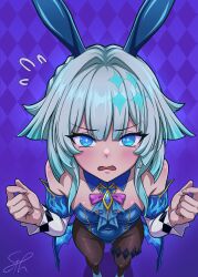   1girl blue_eyes blush bunnysuit cerydra_(honkai:_star_rail) commentary diamond-shaped_pupils diamond_(shape) embarrassed english_commentary grey_hair highres honkai:_star_rail honkai_(series) loli looking_at_viewer nose_blush original playboy_bunny rabbit shirenai symbol-shaped_pupils