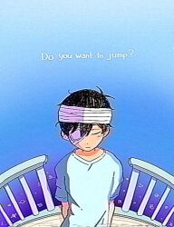  1boy arms_at_sides bandage_over_one_eye bandaged_head bandages blue_sky blush closed_eyes closed_mouth english_text highres hospital_gown namara074 omori railing short_sleeves sky smile solo spoilers sunny_(hospital_gown)_(omori) sunny_(omori) upper_body 