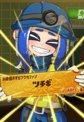  1girl belt blue_hair blue_helmet blue_jumpsuit closed_eyes commentary_request facing_viewer helmet high-visibility_clothing high-visibility_vest highres holding indoors jumpsuit long_hair mining_helmet mizututigi octoling octoling_girl octoling_player_character salmon_run_(splatoon) smile solo splashtag_(splatoon) splatoon_(series) splatoon_3 standing teeth tentacle_hair translation_request 