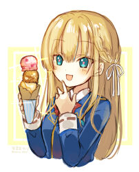  blonde_hair blue_eyes braid canaca_chiyuri commentary_request food hair_ribbon heart heart-shaped_pupils heaven_burns_red highres ice_cream ice_cream_cone looking_at_food open_mouth ribbon sparkle symbol-shaped_pupils toujou_tsukasa twitter_username upper_body white_ribbon 