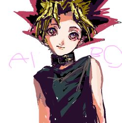  1boy amakishiyon arms_at_sides belt_collar bishounen black_collar black_shirt blonde_hair closed_mouth collar colored_bangs commentary_request contrapposto looking_at_viewer male_focus multicolored_hair muto_yugi purple_hair shirt short_hair simple_background sleeveless sleeveless_shirt solo spiky_hair two-tone_hair upper_body violet_eyes white_background yu-gi-oh! 
