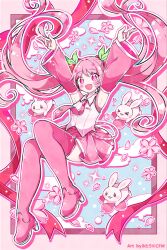  1girl armpits artist_name blue_background blush boots border cherry_blossoms cherry_hair_ornament detached_sleeves food-themed_hair_ornament full_body hair_ornament hatsune_miku headset highres mitau necktie pink_boots pink_border pink_eyes pink_hair pink_necktie pink_shirt pink_sleeves pleated_skirt rabbit sakura_miku shirt skirt sleeveless sleeveless_shirt sparkle thigh_boots twintails vocaloid wide_sleeves wing_collar 