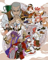  4boys 5girls absurdres alexandre_dumas_(fate) animal_ears animal_hands apron archer_(fate) beni-enma beni-enma_(first_ascension) beret bhima_(fate) blonde_hair boudica_(fate) boudica_(second_ascension)_(fate) circe_(fate) coffee commentary_request cooking dark-skinned_male dark_skin facial_hair fang fate/grand_order fate_(series) food fox_ears fox_tail gloves goredolf_musik grey_hair hat highres holding holding_tray interlocked_fingers kitchen_knife knife kykeon ladle maid_apron maid_headdress martha_(fate) martha_(santa)_(fate) meat multiple_boys multiple_girls mustache omelet omurice parfait paw_gloves pink_hair pointy_ears purple_hair red_hair sa10_e skin_fang strawberry_parfait tail tamamo_cat_(fate) tamamo_cat_(second_ascension)_(fate) tray twirling_mustache white_gloves wings 