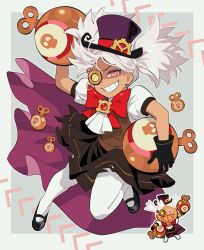  1girl absurdres ascot black_gloves black_shoes bomb border bow brown_shirt brown_skirt cape cherry_cookie cherry_cookie_(time_demolitionist) cookie_run cookie_run:_ovenbreak explosive gloves grey_background grin hat highres hjoe8 holding holding_bomb holding_weapon looking_at_viewer mary_janes monocle official_alternate_costume official_art_inset outline outside_border pantyhose pink_eyes puffy_short_sleeves puffy_sleeves purple_cape purple_hat red_bow reference_inset shirt shoes short_sleeves skirt smile top_hat twintails weapon white_border white_hair white_outline white_pantyhose 