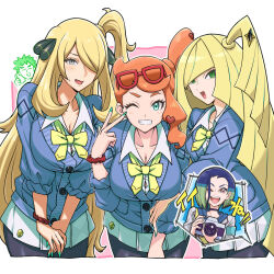  1boy 4girls aqua_eyes armband blonde_hair blue_armband blue_cardigan blue_hair blush bob_cut bow breasts brock_(pokemon) brown_eyes cardigan choker collared_shirt commentary_request cosplay cynthia_(pokemon) eyewear_on_head gradient_hair green_eyes grey_eyes grey_jacket hair_ornament hair_over_one_eye heart heart_hair_ornament highres holding hood hoodie jacket kenchi large_breasts long_hair long_sleeves looking_at_viewer lusamine_(pokemon) multicolored_hair multiple_girls official_alternate_costume one_eye_closed open_mouth orange_hair pantyhose perrin_(academy)_(pokemon) perrin_(pokemon) pokemon pokemon_masters_ex red-framed_eyewear school_uniform shirt short_hair side_ponytail side_ponytail_with_hair_base skirt smile sonia_(academy)_(pokemon) sonia_(pokemon) sweatdrop v very_long_hair white_shirt yellow_bow 