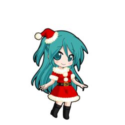  1girl aqua_eyes aqua_hair belt belt_buckle black_belt black_boots black_outline blush boots buckle chibi chibi_only christmas closed_mouth dress full_body fur_trim game_asset hat hatsune_miku hatsune_miku_graphy_collection long_hair looking_at_viewer mini_hat mini_santa_hat one_side_up outline pom_pom_(clothes) red_dress red_hat santa_costume santa_hat short_sleeves smile solo standing transparent_background very_long_hair vocaloid 