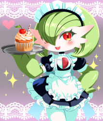  1girl apron back_bow black_dress blush bob_cut bow cherry clothed_pokemon colored_skin commentary cowboy_shot cream cupcake dated_commentary detached_collar dress english_commentary flat_chest food frilled_apron frilled_dress frills fruit gardevoir green_hair green_skin hair_over_one_eye hand_on_own_hip hand_up happy heart highres holding holding_tray looking_at_viewer maid maid_apron maid_headdress mixed-language_commentary multicolored_skin no_lineart one_eye_covered open_mouth pokemon pokemon_(creature) puffy_short_sleeves puffy_sleeves purple_background red_eyes short_dress short_hair short_sleeves smile solo sparkle standing teeth tray tsujimoto_hokke two-tone_skin wafer_stick white_apron white_skin 