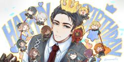  >_< 1other 6+boys 6+girls :d absurdres artist_name black_eyes black_hair black_vest brown_hair chibi chibi_on_shoulder clock closed_eyes closed_mouth collared_shirt crown dante_(limbus_company) don_quixote_(project_moon) everyone faust_(project_moon) fire from_above gauntlets gregor's_cockroach_(project_moon) gregor_(project_moon) hair_slicked_back happy_birthday heart heathcliff_(project_moon) highres hong_lu_(project_moon) ishmael_(project_moon) limbus_company looking_at_viewer male_focus meursault_(project_moon) momoatls multiple_boys multiple_girls necktie open_mouth outis_(project_moon) pants portrait project_moon red_necktie rodion_(project_moon) ryoshu_(project_moon) shirt short_hair sinclair_(project_moon) single_gauntlet smile solo_focus twitter_username unamused vest white_background white_hair white_shirt yi_sang_(project_moon) 