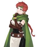  1girl armor artist_request atelier_(series) atelier_marie bracelet braid breastplate brown_gloves cape closed_mouth crescent crescent_earrings earrings fingerless_gloves gloves green_cape green_headband grey_eyes hand_on_own_chin headband jewelry loincloth long_hair natalie_kohdelia official_art redhead simple_background single_braid single_earring smile solo standing transparent_background 
