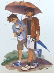  2boys :d ;d alternate_universe ankle_socks arm_at_side arm_hair artist_name bare_arms black_eyes black_shirt black_socks blue_background blue_jacket blue_shirt blue_shoes blue_umbrella bracelet bright_pupils brothers brown_hair brown_shorts bush closed_umbrella collarbone collared_jacket colored_shoe_soles commentary commission dark-skinned_male dark_skin double-parted_bangs drawstring earrings english_commentary eye_contact freckles full_body grin hair_behind_ear hair_between_eyes hair_bun hand_on_another's_head hand_up hero_(faraway)_(omori) hero_(omori) highres holding holding_umbrella hood hood_down hooded_jacket jacket jewelry kel_(faraway)_(omori) kel_(omori) leg_hair looking_at_another looking_back male_focus mole mole_under_eye multiple_boys no_sclera omori on_ground one_eye_closed open_clothes open_jacket orange_jacket orange_umbrella outdoors pocket rain shirt shoelaces shoes short-sleeved_jacket short_hair short_sleeves shorts shrimperini siblings simple_background single_hair_bun single_vertical_stripe smile socks sprout standing standing_on_one_leg striped_clothes striped_shirt stud_earrings two-tone_shirt umbrella very_short_hair walking watermark white_pupils white_shirt white_shoes white_shorts white_socks zipper_pull_tab 