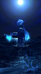  1boy absurdres black_capelet black_coat black_gloves blue_hair capelet coat collared_capelet commentary_request crossed_bangs fire flins_(genshin_impact) gem genshin_impact gloves glowing glowing_eyes gradient_hair gradient_sky hair_between_eyes hair_intakes highres holding holding_lantern horizon lantern long_hair long_sleeves moon moonlight multicolored_hair night purple_gem purple_shirt shiino_715 shirt sky sleeve_cuffs standing standing_on_liquid 