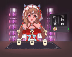  1girl ? anikinoihai893 animal_ears blush breasts brown_hair collarbone commentary_request cup detached_sleeves disposable_coffee_cup disposable_cup english_text hair_between_eyes hair_ornament horse_ears horse_girl long_hair open_mouth pov pukey_goddess_shot_trick red_eyes small_breasts still_in_love_(umamusume) table umamusume veil 
