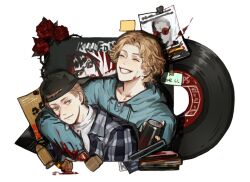 2boys :d ^_^ ammunition animification arm_around_shoulder artist_request backwards_hat baseball_cap behind_another black_hat blonde_hair blood blood_on_cheek blood_on_clothes blood_on_face blood_on_neck blue_hoodie brown_hair cd closed_eyes closed_mouth collared_jacket commentary cropped_torso curly_hair curtained_hair drawstring dylan_klebold english_commentary english_text eric_harris facing_up flower freckles green_eyes grey_jacket grin hair_behind_ear hat height_difference hood hood_down hoodie jacket kmfdm leaf lips looking_at_viewer male_focus mole mole_on_cheek mole_under_eye multiple_boys plaid_clothes plaid_jacket poster_(object) real_life red_flower red_rose rose shirt short_hair smile source_request sticky_note sweater third-party_source true_crime turtleneck turtleneck_sweater very_short_hair white_background white_sweater 