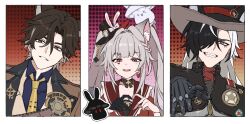  1girl 2boys absurdres animal_ear_fluff animal_ears armor bandana black_armor black_bow black_bowtie black_choker black_gloves black_hat black_jacket blue_shirt blunt_bangs boothill_(honkai:_star_rail) border bow bowtie braid brown_hair brown_jacket cat_boy cat_ears cat_girl chain choker collared_shirt commentary cowboy_hat creature cyborg diamond_(shape) diamond_facial_mark empty_eyes facial_mark film_strip gloves gold_chain gradient_background grey_armor grey_eyes grey_hair hair_between_eyes hair_over_one_eye hand_up hands_up hat hat_bow hat_ornament hat_with_ears heart heart_facial_mark heart_hands highres honkai:_star_rail honkai_(series) index_finger_raised jacket japanese_clothes kemonomimi_mode kimono lapels long_hair looking_at_viewer mechanical_arms mechanical_hands mini_hat monocle mr._reca_(honkai:_star_rail) multicolored_hair multiple_boys necktie open_clothes open_jacket open_mouth orange_background outside_border papajay_(jennygin2) pink_background pointing pointing_at_viewer polka_dot polka_dot_background rabbit_ear_hat red_background red_bandana red_eyes red_hair red_kimono red_pupils sailor_collar sharp_teeth sheriff_badge shirt short_hair side_braid single_braid single_glove smile sparkle_(honkai:_star_rail) sparxie_(honkai:_star_rail) star_(symbol) star_hat_ornament streaked_hair teeth tongue twintails two-tone_armor two-tone_hair untranslatable_commentary upper_body v-shaped_eyebrows vest white_border white_bow white_hair white_vest wing_collar yellow_necktie zipper 