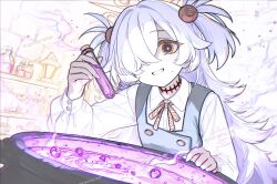  1girl ai-generated artist_name black_sclera blue_archive blue_dress brick_wall buttons cauldron choker chromatic_aberration collared_shirt colored_lineart colored_sclera commentary_request dated_commentary double-breasted dress dress_shirt grin hair_ornament hair_over_one_eye holding holding_vial indoors kanoe_(blue_archive) lamp leaning_forward lineart linedrawing_man long_sleeves neck_ribbon orange_ribbon pinafore_dress red_choker red_eyes ribbon shirt sleeveless sleeveless_dress smile vertical-striped_ribbon vial wall_shelf white_background white_hair white_ribbon white_shirt 