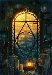  absurdly_detailed_composition brushbuddy cola_(gotouryouta) commentary_request creature crystal diadem_herb glass_jar highres inkwell mortar_(bowl) no_humans pen pestle plant potted_plant quill scenery sunset tongari_boushi_no_atelier town window 