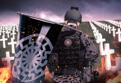  1boy belt black_belt black_helmet black_jacket black_pants black_sun_(symbol) black_vest brenton_tarrant brown_hair bulletproof_vest camouflage camouflage_jacket camouflage_pants carrying_over_shoulder christchurch_shooting clouds cloudy_sky commentary cowboy_shot cross english_commentary english_text fire flag from_behind from_side grass graveyard gun hair_behind_ear helmet holding holding_flag holding_gun holding_weapon jacket long_sleeves male_focus nazi on_ground outdoors pants pink_sky puffy_long_sleeves puffy_sleeves real_life short_hair sky solo standing tombstone true_crime turtleneck turtleneck_jacket very_short_hair vest weapon zoltan_(user_zznf3375) 