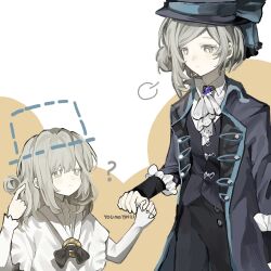  2girls ? aged_down artist_name ascot black_bow black_bowtie black_coat black_hat black_pants black_vest blue_bow boater_hat bow bowtie chinese_commentary coat collared_shirt commentary_request disappearance_outline dress freckles grey_eyes grey_hair hair_bun hat hat_bow highres holding_hands looking_at_another medium_hair multiple_girls pants pointing pointing_at_self puff_of_air reverse:1999 shirt single_side_bun time_paradox two-tone_background upper_body vertin_(reverse:1999) vest white_ascot white_background white_dress white_shirt yellow_background youmo_yinzi 