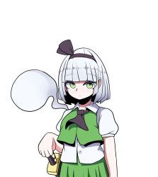 1girl absurdres black_hairband blunt_bangs closed_mouth commentary_request cowboy_shot cropped_vest expressionless ghost green_eyes green_skirt green_vest hairband hh highres konpaku_youmu konpaku_youmu_(ghost) looking_at_viewer shirt short_hair short_sleeves simple_background skirt solo touhou vest white_background white_hair white_shirt 