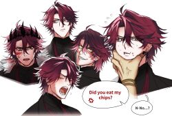  2boys absurdres ahoge anger_vein black_crown black_jacket black_shirt blood blood_on_clothes blood_on_face closed_eyes crimzon_ruze crown disembodied_hand english_text evil_grin evil_smile flying_sweatdrops food food_on_face fur_trim grabbing_another's_face grin hand_on_another's_face head_grab highres holostars holostars_english hoto_11010 jacket jurard_t_rexford looking_to_the_side male_focus multiple_boys multiple_expressions multiple_views official_alternate_eye_color open_mouth portrait pout red_eyes red_hair sharp_teeth shirt short_hair smile solo_focus spoken_anger_vein sweat teeth virtual_youtuber white_background yellow_eyes 