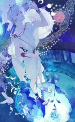  1boy absurdres aged_down ahoge ancient_greek_clothes bird blue_theme bracer cael_anselm cael_anselm_(white_city) cape chinese_commentary chiton colosseum commentary_request cross-laced_clothes different_reflection dove from_above full_body full_moon greco-roman_clothes hair_between_eyes hand_up highres holding holding_star long_hair looking_at_object looking_up lovebrush_chronicles low_ponytail male_focus moon moon_phases nickel_nike parted_lips ponytail reflection ruins sandals short_sleeves sky small_stellated_dodecahedron solo standing star_(sky) star_(symbol) starry_sky surreal tunic violet_eyes white_cape white_hair white_tunic 