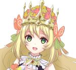  1girl :d bare_shoulders blonde_hair bow butterfly_hair_ornament celine_(fire_emblem) commentary crown fire_emblem fire_emblem_engage flower green_eyes green_ribbon hair_flower hair_ornament hair_ribbon kakiko210 long_hair looking_at_viewer open_mouth orange_bow ribbon smile solo upper_body white_background wrist_bow 