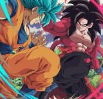 2boys abs arm_up baggy_pants biceps black_hair black_pants blue_eyes blue_hair blue_sash blue_shirt blue_sky blue_wristband body_fur bure_(fantasticyouth7) clouds commentary_request day dougi dragon_ball dragon_ball_gt dragon_ball_heroes dragon_ball_super dual_persona grin hand_up highres knee_up long_hair looking_at_another male_focus monkey_tail multiple_boys muscular muscular_male outdoors pants pectorals profile red_fur sash shirt short_sleeves sky smile son_goku son_goku_(xeno) spiky_hair super_saiyan super_saiyan_4 super_saiyan_blue tail teeth torn_clothes torn_pants tree v-shaped_eyebrows wristband yellow_eyes 
