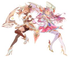  2girls black_thighhighs commentary english_commentary high_heels holding holding_weapon league_of_legends long_hair magical_girl mask mouth_mask multicolored_hair multiple_girls noppo_(nopon) original shorts smile star_guardian_(league_of_legends) thigh-highs weapon white_background white_thighhighs 
