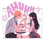  1boy 1girl armlet bag black_hair blonde_hair blush cake chainsaw_man chopsticks couple cup denji_(chainsaw_man) drinking_glass earrings emzok english_text engrish_text food fruit heart highres jewelry long_hair mitaka_asa mutual_feeding noodles ranguage short_hair shoulder_bag strawberry table 