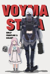  2girls absurdres ak-15_(girls'_frontline) blue_bow blue_bowtie bow bowtie briefcase clothing_cutout commentary girls'_frontline_2:_exilium girls_frontline hair_bow helena_(girls'_frontline_2) highres holding_hands mask military_uniform mouth_mask multiple_girls navel navel_cutout pink_hair ruki1a short_twintails size_difference skirt star_(symbol) twintails untranslatable_commentary violet_eyes voymastina_(girls'_frontline_2) white_hair 