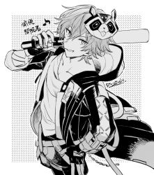  1boy arm_ribbon artist_name baseball_bat belt caelus_(honkai:_star_rail) chain collarbone commentary_request cowboy_shot fingerless_gloves fingernails gloves hair_between_eyes hand_on_own_hip hand_up holding holding_baseball_bat honkai:_star_rail honkai_(series) hood hooded_jacket jacket lapels long_sleeves looking_at_viewer male_focus mask mask_on_head musical_note open_clothes open_jacket outside_border pants polka_dot polka_dot_background raccoon_mask ribbon shirt short_hair smile solo standing str_atralt supplicant_mask t-shirt teeth trailblazer_(honkai:_star_rail) two-sided_fabric two-sided_jacket 