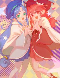  2girls :d ahoge aqua_eyes aqua_ribbon blue_hair blue_hat blue_skirt boots buttons capelet colorful_background commentary curly_hair curtained_hair double-breasted feet_out_of_frame fine_(futagohime) fingernails fushigiboshi_no_futago_hime fushigiboshi_no_futago_hime_gyu grey_jacket hair_between_eyes hand_up hat hat_ornament hat_ribbon heart heart_hands heart_hands_duo highres jacket long_hair long_sleeves looking_at_viewer low-tied_long_hair low_twintails miniskirt multiple_girls newsboy_cap open_mouth pantyhose patterned_background pengsongsong pink_ribbon pink_skirt pleated_skirt pom_pom_(clothes) pom_pom_hat_ornament red_boots red_eyes red_hair red_hat red_jacket rein_(futagohime) ribbon royal_wonder_academy_school_uniform school_uniform signature skirt smile solo standing twintails very_long_hair white_capelet white_pantyhose 