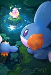  ^_^ alternate_color artist_name black_eyes blue_skin closed_eyes colored_skin commentary fish happy lily_pad looking_at_another mpupu mudkip multicolored_skin no_humans official_alternate_color pink_skin pokemon pokemon_(creature) pokemon_focus pond rock shining shiny_and_normal shiny_pokemon sitting two-tone_skin untranslatable_commentary water 