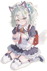  1girl animal_ear_hairband animal_ears bag bell black_dress black_garter_straps blush cat_ear_hairband cat_ears commentary dress embarrassed fake_animal_ears fidgeting garter_straps geumxxi ghost_hair_ornament green_eyes green_hair green_nails hair_ornament hairband highres index_fingers_together looking_at_viewer loose_socks maid maid_headdress medium_hair multiple_hair_clips neck_bell nervous official_alternate_costume one_side_up own_hands_together puffy_short_sleeves puffy_sleeves red_bag short_sleeves shy sitting socks solo sunna_(afternoon_tea_break)_(zenless_zone_zero) sunna_(zenless_zone_zero) thigh-highs triangle_hair_ornament untranslatable_commentary wariza wavy_mouth white_socks white_thighhighs white_wings winged_bag wings zenless_zone_zero 
