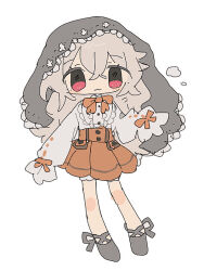  1girl :3 black_veil blush_stickers bow bowtie chibi chibi_only closed_mouth commentary_request crossed_bangs double-parted_bangs full_body grey_hair grey_shoes hair_between_eyes hand_up long_hair long_sleeves looking_at_viewer orange_bow orange_bowtie orange_skirt original shirt shoes simple_background skirt sleeve_bow sleeves_past_fingers sleeves_past_wrists smile solo standing uenae_chiyiro veil white_background white_shirt 