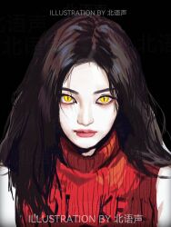  1girl aespa artist_name beiyusheng black_background black_eyeliner brown_hair closed_mouth commentary eyeliner highres k-pop long_hair looking_at_viewer makeup ningning_(aespa) red_lips red_shirt shirt simple_background solo striped_clothes striped_shirt turtleneck upper_body vertical-striped_clothes vertical-striped_shirt yellow_eyes 
