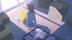  1girl arm_support backlighting black_hair blue_hoodie box cardboard_box commentary_request curtains facing_away folded_clothes glass_door highres hood hood_down hoodie long_skirt on_floor original rolling_suitcase scenery shadow sitting skirt slice_of_life socks solo suitcase sunlight taizo_(taizo_03) wooden_floor yellow_skirt 