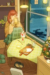  1girl animal bird black_cat blanket blush book brown_hair cactus cat chair christmas christmas_ornaments christmas_tree closed_eyes commentary_request cup curtains cutting_board drinking_glass food food_request fruit full_body highres holding holding_cup knees_up long_sleeves matsumine_(twin-mix) medium_hair mug night on_chair original parfait parfait_glass pet picture_frame plant potted_plant rug shelf sitting sleeping_animal slice_of_life slippers snow snow_globe snowing solo spoon star_(symbol) steam steaming_cup strawberry sweater table tablecloth tit_(bird) unworn_slippers window winter yellow_sweater 