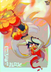  1other animal_ears black_fur border bright_pupils buck_teeth character_name cinderace commentary dynamax fire full_body furry gigantamax gigantamax_cinderace grey_background highres kicking looking_at_viewer multicolored_fur open_mouth other_focus pokemon pokemon_(creature) rabbit_ears red_eyes red_fur red_hair simple_background solo teeth untranslatable_commentary upside-down white_border white_fur white_pupils yellow_fur yoshiya_(ina_ba_ya) 