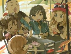  2boys 3boys 3girls 4girls :d absurdres autumn_leaves black_hair black_shirt blue_jacket blush bracelet brown_hair calem_(pokemon) closed_eyes collared_shirt cup drinking drinking_straw evolutionary_line eyelashes eyewear_on_headwear falling_leaves food grey_eyes hands_on_own_face hands_up hat highres holding holding_cup jacket jewelry leaf long_hair long_sleeves mega_ring multiple_boys multiple_girls open_mouth pink_shirt plate poke_ball poke_ball_(basic) pokemon pokemon_(creature) pokemon_masters_ex pokemon_sun_and_moon pokemon_x_and_y red_hat saucer selfie serena_(pokemon) shauna_(pokemon) shirt short_hair short_sleeves signature sitting sleeveless sleeveless_shirt smile sunglasses sweatdrop table tierno_(pokemon) tongue trevor_(pokemon) turtleneck turtleneck_jacket tyaui_(xjju4435) umbrella 