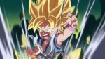  1boy aura blonde_hair dragon_ball dragon_ball_gt fighting_stance green_eyes male_focus open_mouth rom_(20) sash shouting solo son_goku spiky_hair super_saiyan super_saiyan_1 white_sash wristband 