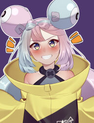  1girl bare_shoulders blue_hair blush bow-shaped_hair character_hair_ornament coat eyelashes grin hair_ornament highres iono_(pokemon) long_hair magnemite multicolored_eyes multicolored_hair notice_lines outline oversized_clothes painttool_sai_(medium) pink_hair pink_pupils pokemon pokemon_scarlet_and_violet purple_background sharp_teeth simple_background smile solo sunnypoppy teeth two-tone_eyes two-tone_hair upper_body white_outline yellow_coat 