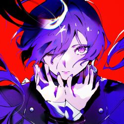 1girl blue_cloak bound bound_wrists cloak closed_mouth crescent crescent_earrings earrings fingernails floating_hair hair_over_one_eye hands_up highres jewelry looking_at_another mina_(mina_st4r) one_eye_closed portrait promeia_(zenless_zone_zero) purple_hair purple_nails red_background simple_background solo violet_eyes zenless_zone_zero 