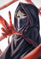  1girl absurdres black_cloak black_hair clip_studio_paint_(medium) cloak commentary_request covered_mouth fate/strange_fake fate_(series) highres hood hood_up hooded_cloak hugo_920703 looking_at_viewer mask mouth_mask no_name_assassin_(fate) red_eyes simple_background solo white_background zabaniya_(fate) 